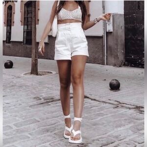Zara White Platform Ankle-Wrap Sandals
